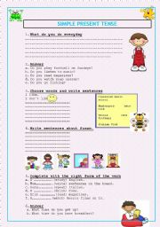 English Worksheet:  PRESENT SIMPLE TENSE ( 2 pages)