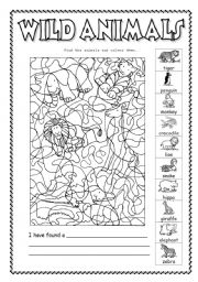 English Worksheet: Wild  animals - Find the animals and colour them