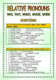 English Worksheet: Relative pronouns WHO WHAT WHERE WHICH WHOSE 2 pages