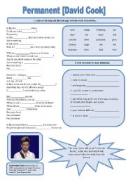 English Worksheet: SONG!!! Permanent [David Cook] - Printer-friendly version included
