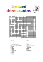 English worksheet: Crossword clothes and numbers