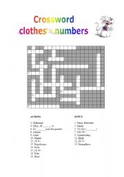 English Worksheet: Crossword clothes and numbers