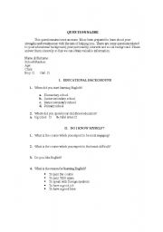 English worksheet: questionnaire for students