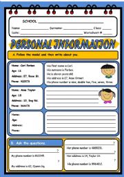 English Worksheet: PERSONAL INFORMATION