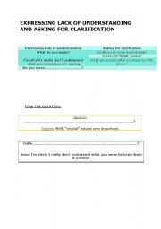 English Worksheet: EXPRESSING LACK OF UNDERSTANDING AND ASKING FOR CLARIFICATION