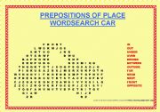 English Worksheet: PREPOSITIONS OF PLACE WORDSEARCH (in the shape of a car!!!!)