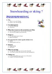 English Worksheet: Snowboarding or skiing (3 pages with answers)