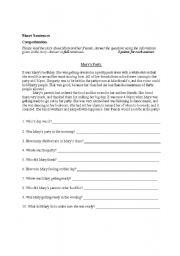 English worksheet: Comprehension - Short Sentences