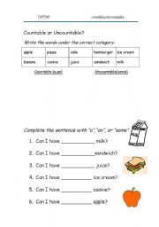 English Worksheet: Countables or uncountables