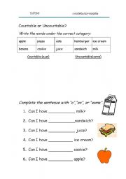 English worksheet: Countables or uncountables