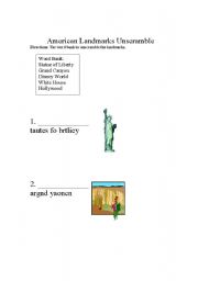 English Worksheet: American Landmarks Unscramble