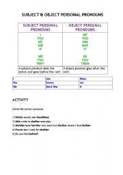 English worksheet: Subject and object personal pronouns theory and activity