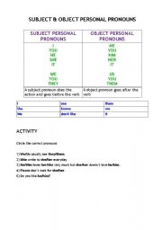 English Worksheet: Subject and object personal pronouns theory and activity