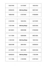 English Worksheet: Birthday Bingo