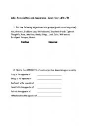 English worksheet: Appearance, Personality and Jobs Test