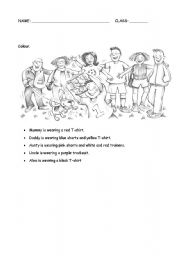 English Worksheet: Colours, clothes and family worksheet