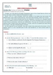 English Worksheet: European Renaissance  (Reading Text)