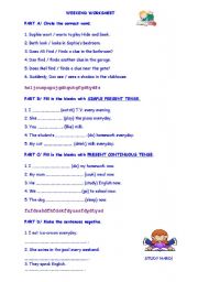 English Worksheet: Workheet about simple present, present continuous and time