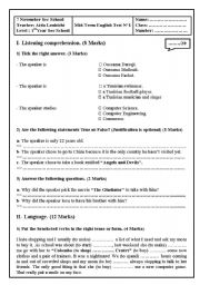 English Worksheet: Test : 1st year secondary school (Tunisia)