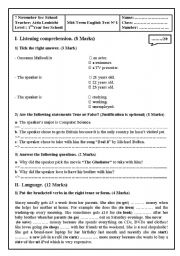 English Worksheet: Exam: 1st year secondary school