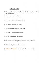 English worksheet: ten simple rules for classroom