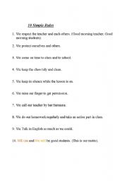 English Worksheet: ten simple rules for classroom