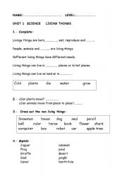 English Worksheet: Evaluation about living things knowledge