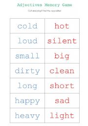 English Worksheet: Adjectives Memory Game