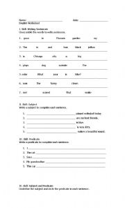 English Worksheet: Writing Sentences : Subject and Predicate
