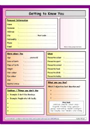 Getting to know you - Questionnaire - ESL worksheet by PhilipR