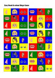 English Worksheet: Easy Head & colour Bingo Game