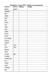 English worksheet: Vocabulary record: clothes and accesories
