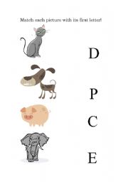 English worksheet: Matching: animals with their first letters