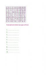 English Worksheet: Find ten types of food
