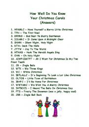 English worksheet: Christmas:  How Well Do You Know Your Christmas Carols (Answer Key)