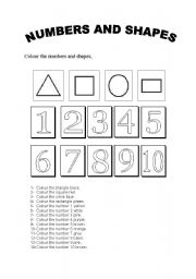 English worksheet: Coloring numbers and shapes