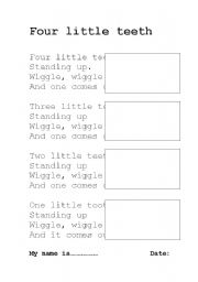 English worksheet: Four little teeth song worksheet