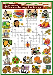 English Worksheet: THANKSGIVING -CROSSWORD (KEY AND B&W VERSION INCLUDED)