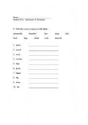 English Worksheet: Antonym Synonym Test