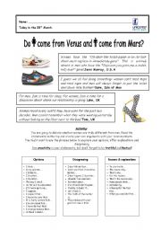 English Worksheet: Do Women come from Venus and Men come from Mars?