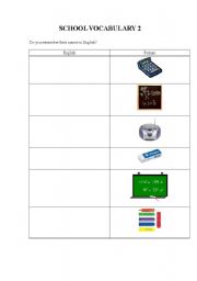 English worksheet: School Vocabulary 2