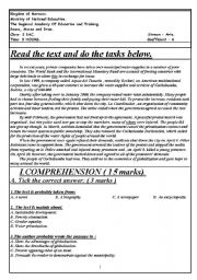 English Worksheet: A reading comprehension exam, language and writing