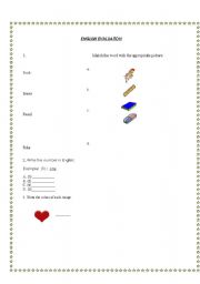English Worksheet: English Evaluation or Exercise about classroom objects, colors and numbers