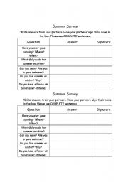 English Worksheet: Summer Survey