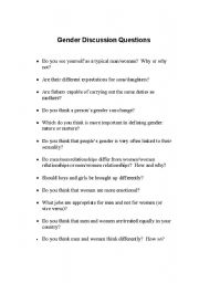 English worksheet: Gender discussion questions