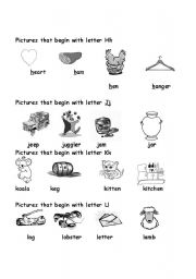 English worksheet: Pictures that begin with letters Hh, Jj, Kk and Ll