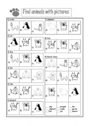 English Worksheet: Find animals with pictures( test and match)