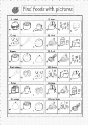 English Worksheet: Find foods with pictures (test)
