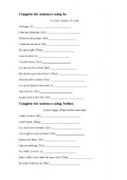 English Worksheet: So and Neither