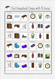 English Worksheet: Find Household Items with Pictures